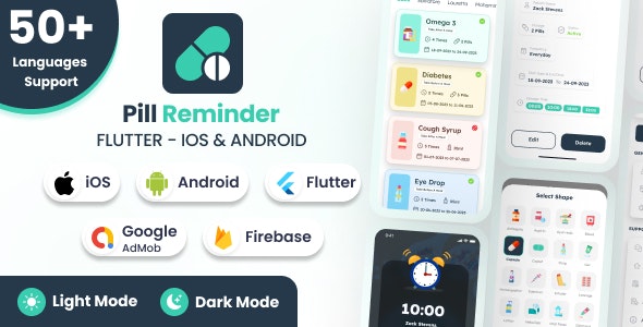 PillMode | Pill Reminder - Flutter Android  iOS Full App + Light + Dark Mode (53 Languages)