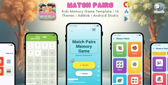 Match Pairs - Kids Memory Game Template | 16 Themes | AdMob | Android Studio